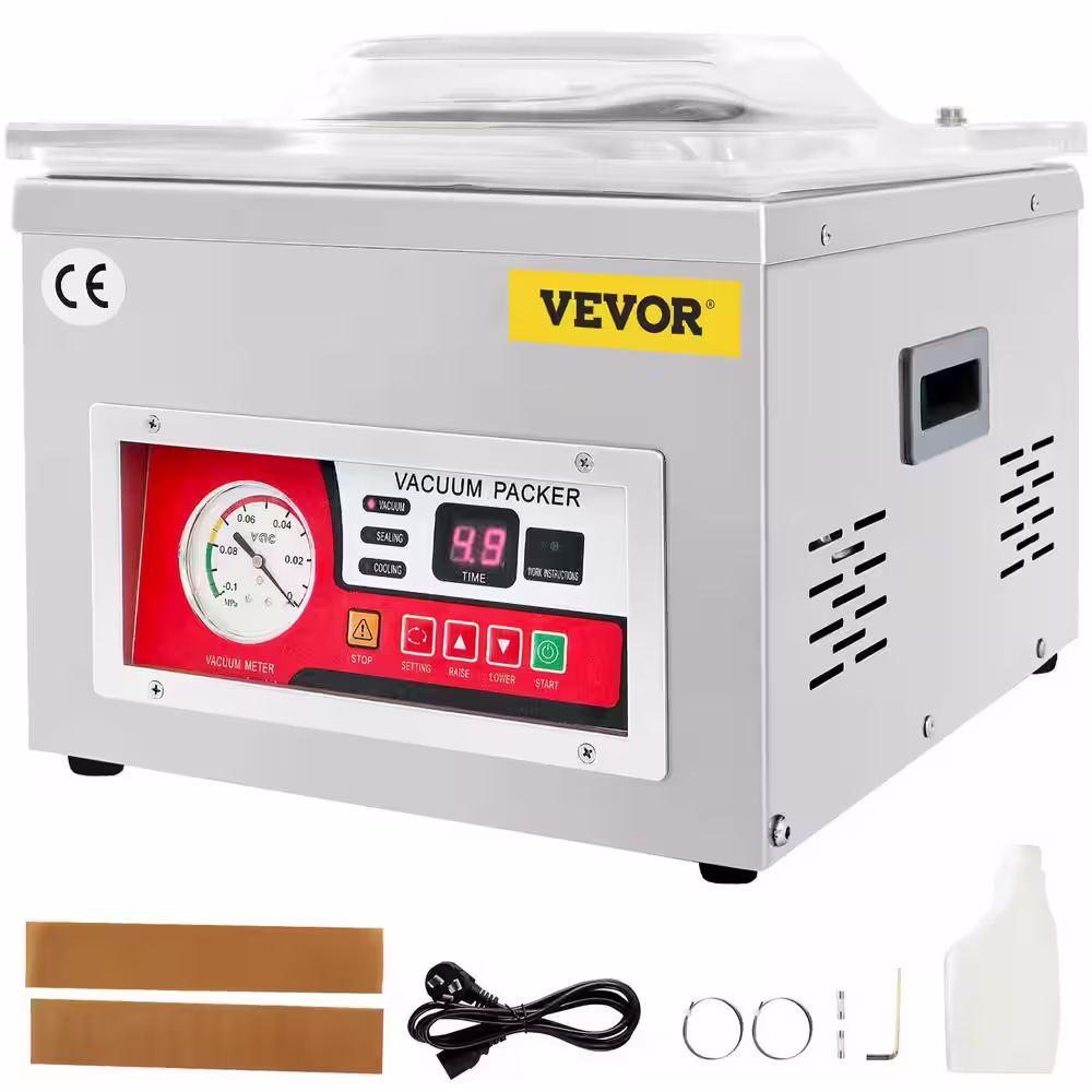 VEVOR Silver Chamber Vacuum Sealer 110-Volt Kitchen Packaging Machine 180 Watt 6.5 mÂ³/h Pump for Meats Fruit Saver (Set of 9)