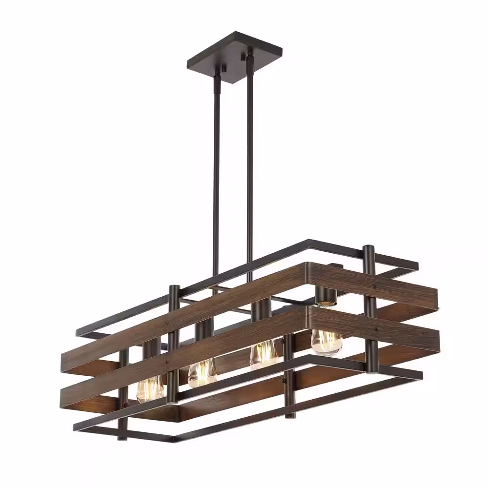 JONATHAN Y Horizon 34 in. 4-Light Wood/Oil Rubbed Bronze Rustic Farmhouse Iron Linear LED Pendant