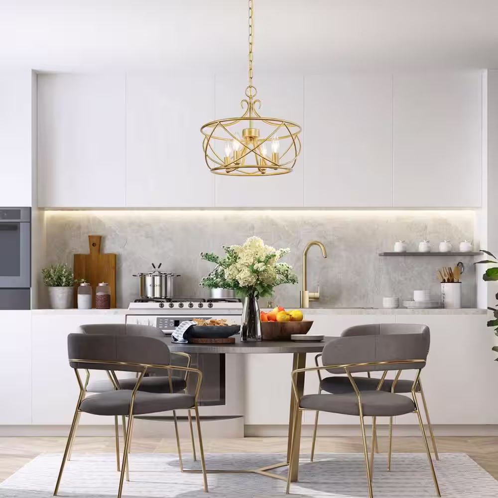 Uolfin Cumax 4- -Light Gold Adjustable Modern Drum Chandelier with Open Cage and Candlestick for your home