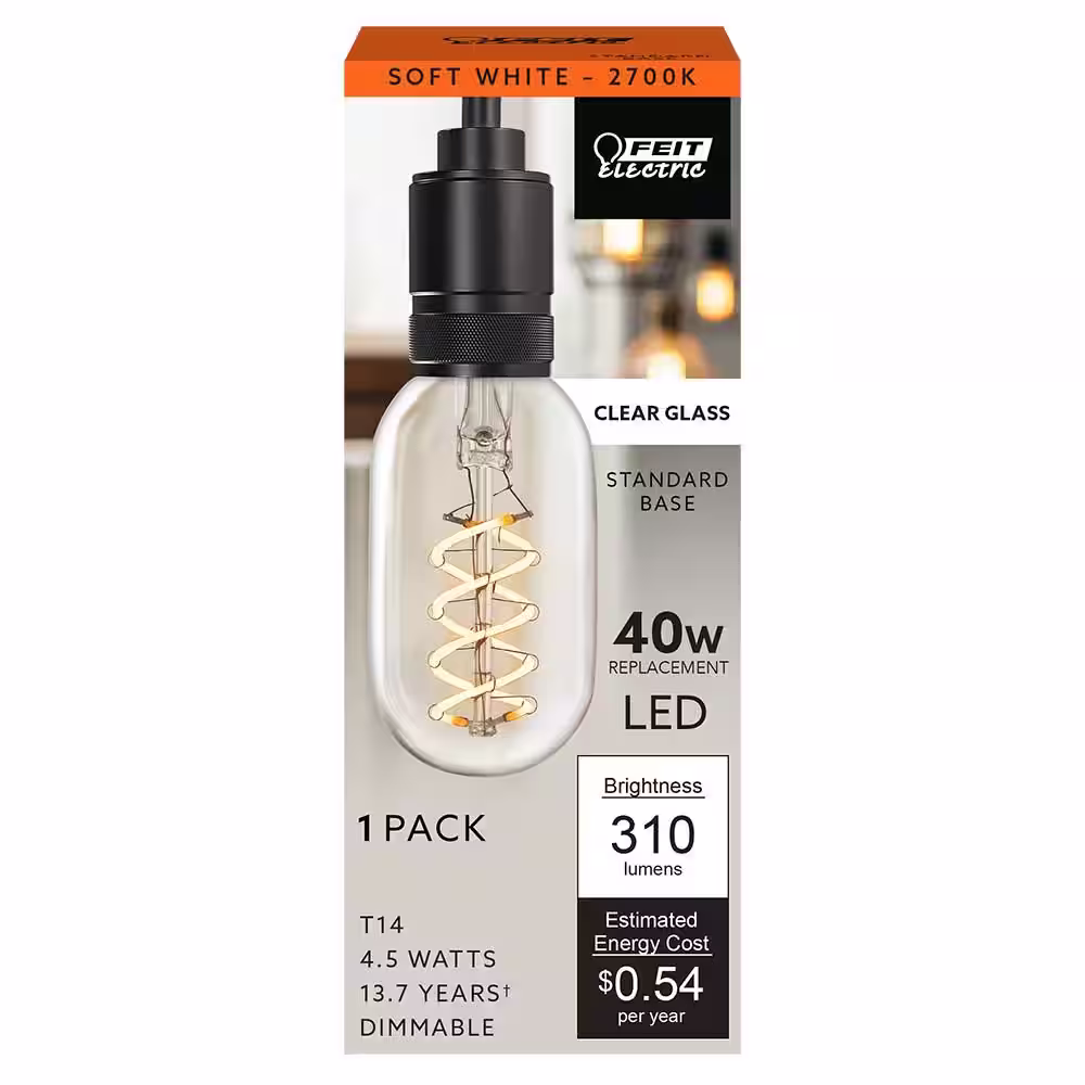Feit Electric 40-Watt Equivalent T14 Dimmable Spiral Filament Clear Glass E26 Vintage Edison LED Light Bulb, Soft White