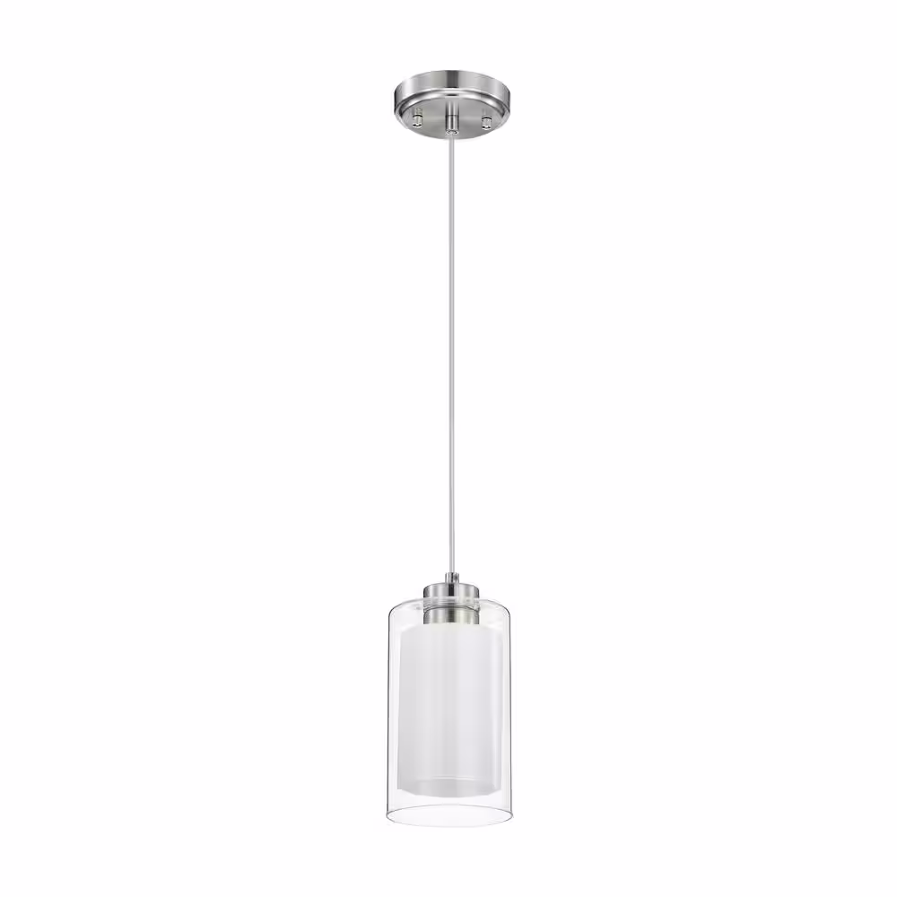 Edvivi Avenue 1-Light Brushed Nickel Mini Pendant with Clear Glass and White Glass Dual Shades