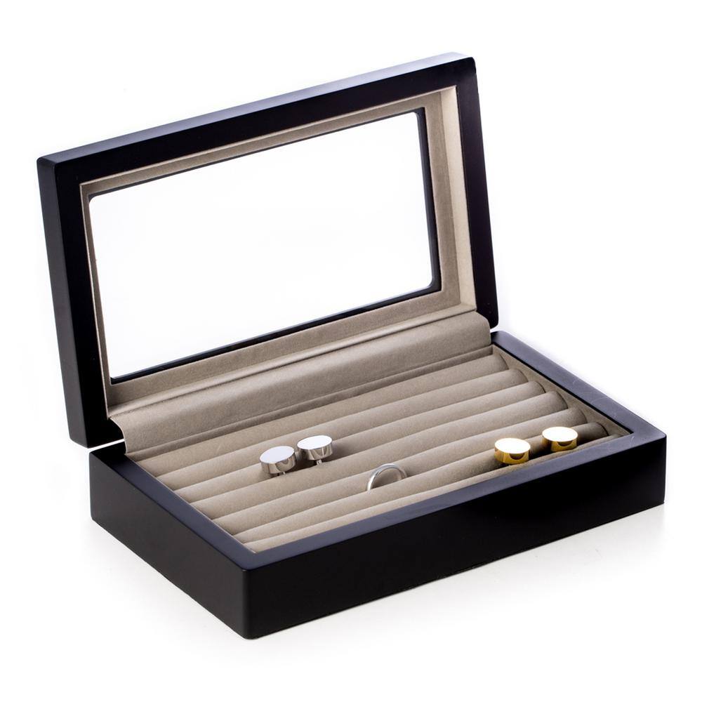 BEY-BERK Matte Black Wood Cufflink Box with Glass Top and Velour Lining