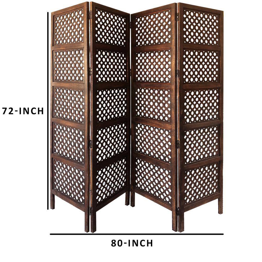 Benjara Decorative Four Panel 5 ft. 9 in. Brown Mango Wood Hinged Room Divider with Circular Cutout Design
