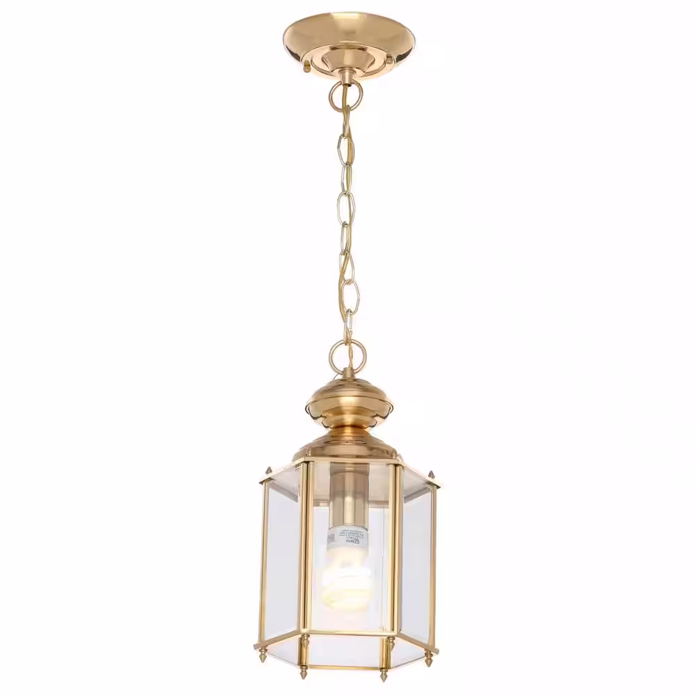 Progress Lighting 1-Light Polished Brass Clear Beveled Glass Traditional Outdoor Hanging or Flush mount Convertible Lantern Light