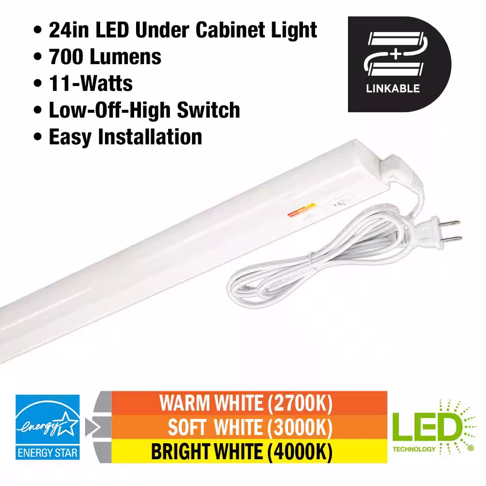 Commercial Electric Plug-In 24 inch Linkable LED  Undercabinet Light Task Under Counter Kitchen Lighting 3 Color Temperature Options