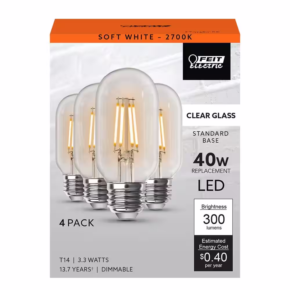 Feit Electric 40-Watt Equivalent T14 Dimmable Straight Filament Clear Glass E26 Vintage Edison LED Light Bulb, Soft White (12-Pack)