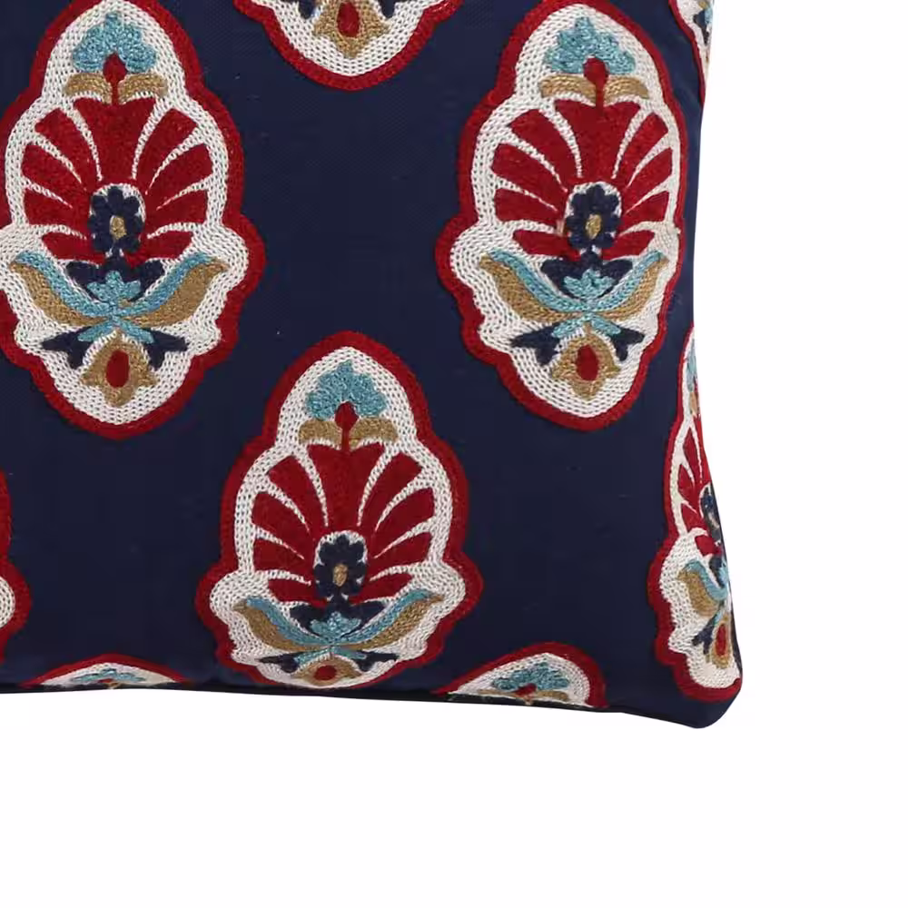 None Moreno Navy With Multi-Color Embroidered Damask Pattern 18 in. x 14 in. Throw Pillow