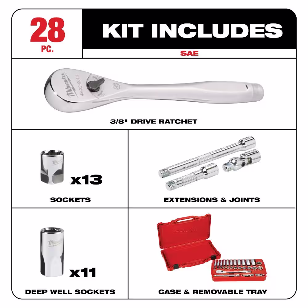 Milwaukee 3/8 in. Drive SAE Ratchet and Socket Mechanics Tool Set (28-Piece)
