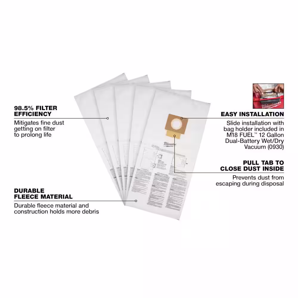 Milwaukee Fleece Dust Bags for 12 Gal. M18 FUEL Cordless Wet/Dry Shop Vacuums (5-Pack)