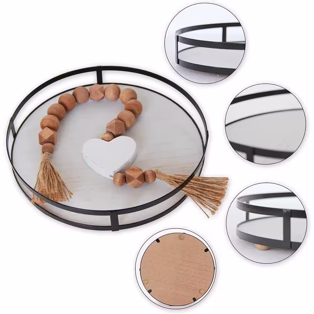 Cubilan 12 inch White Round Wood Decorative Tray with Metal Handle