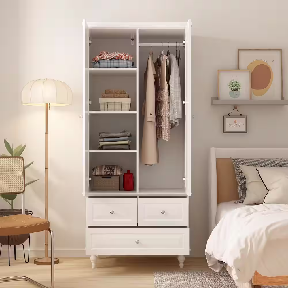 None White Paint Wood 2-Door Armoires with Hanging Rod, 3-Drawers, Adjustable Shelves 70.9 in. H x 31.5 in. W x 19.7 in. D