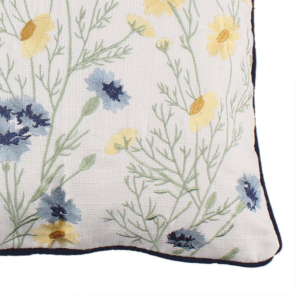 None Linnea Blue and Yellow Floral Embroidered 18 in. x 18 in. Throw Pillow