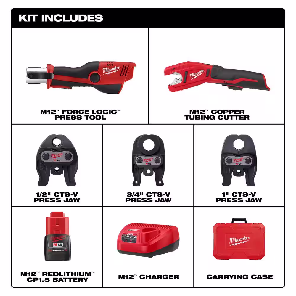 Milwaukee M12 12-Volt Lithium-Ion Force Logic Cordless Press Tool Kit with M12 Copper Tubing Cutter (3 Jaws Included)