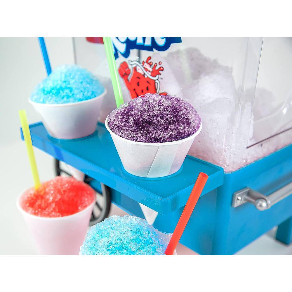 Nostalgia 8 oz. Blue Countertop Snow Cone Machine Cart Style, Includes 2-Reusable Plastic Cups and Ice Scoop, Blue