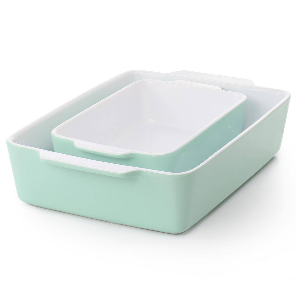 None Everyday 2-Piece Rectangular Stoneware Large and Medium Baker Bakeware Set in Mint
