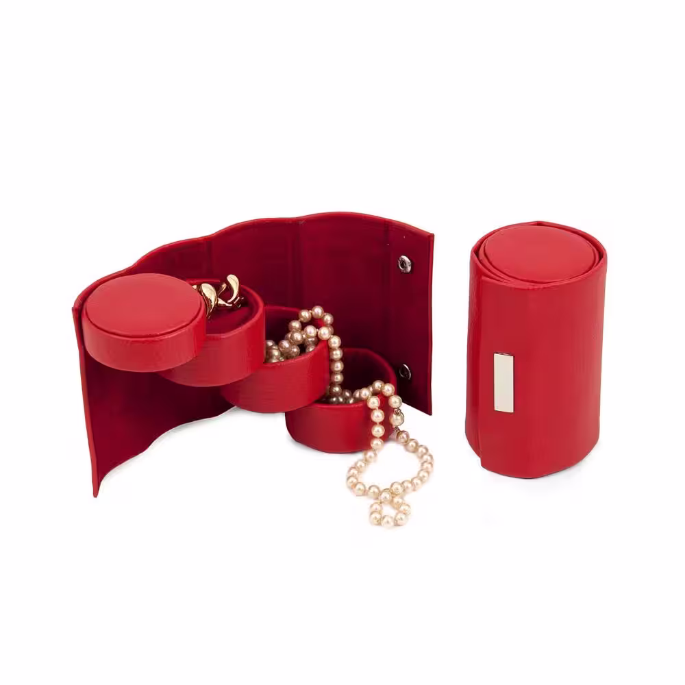 BEY-BERK Red Leatherette 3-Level Jewelry Roll