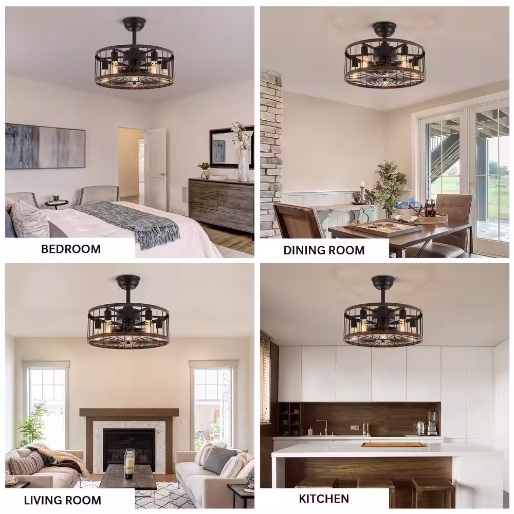 FANNEHONNE 20 in. Indoor Black Modern Farmhouse Ceiling Fan with Light, Drum Cage Ceiling Fan with Remote for Bedroom