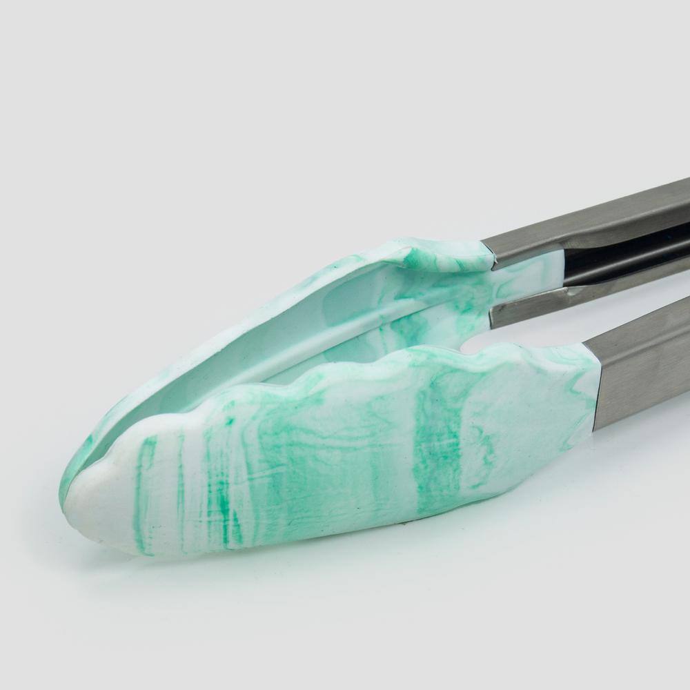 ExcelSteel 9 in. Stainless Steel Marble Teal Silicone Tong with Handle (Set of 2)