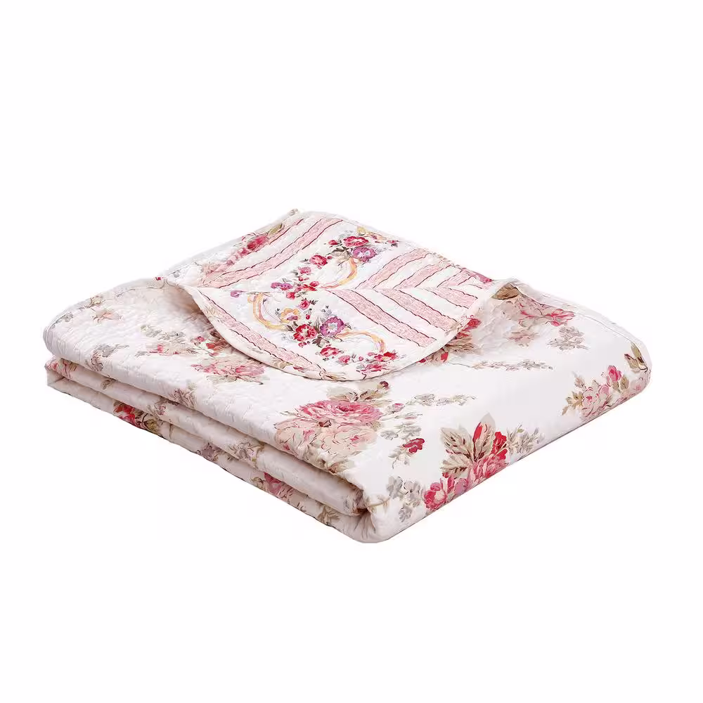 None Romantic Cottage Peachy Pink Peony Shabby Chic Chintz Floral Stripe Cotton Throw Blanket