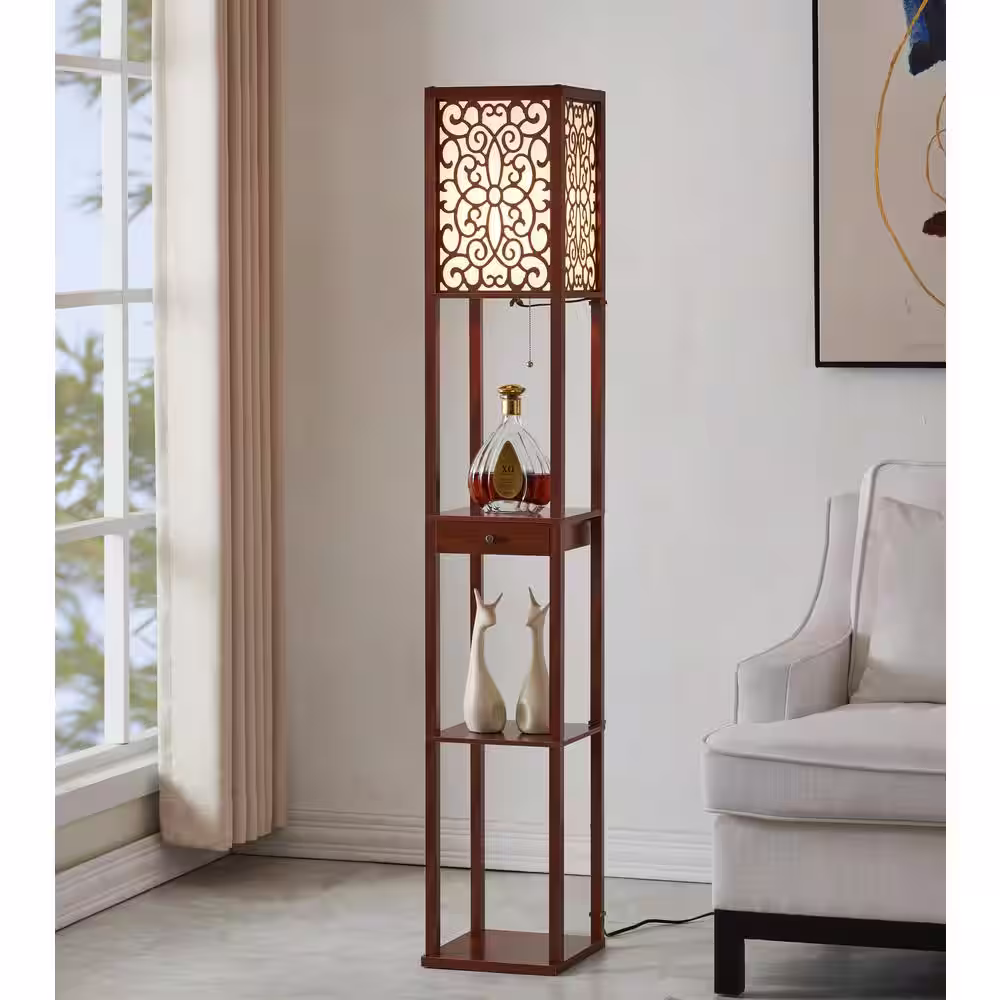 ARTIVA Etagere 63 in. Dark Walnut Shelf Floor Lamp with Drawer