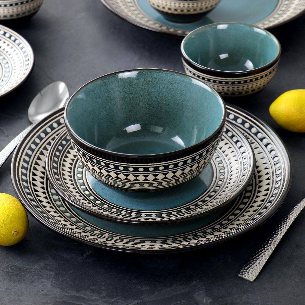 Elama Blue Sage 16-Piece Double Bowl Stoneware Dinnerware Set in Blue