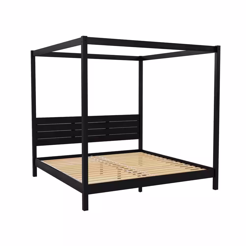 Welwick Designs Minimalist Black Wood Frame King Plank Canopy Bed