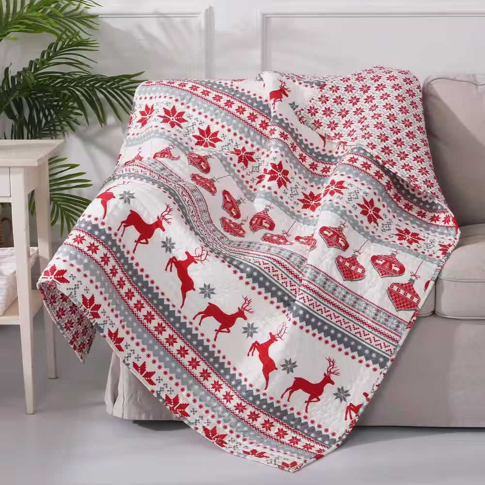 None Silent Night Grey Red White Reindeer Snowflake Christmas Quilted Cotton Throw Blanket