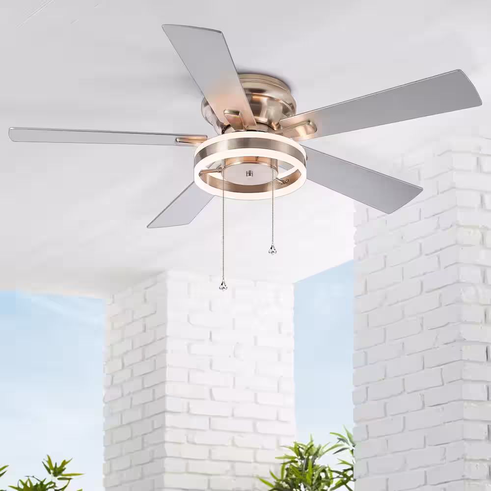 Breezary Cornelius 52 in. Integrated LED Indoor Hugger Satin Nickel Ceiling Fan with Light and Pull Chain Included