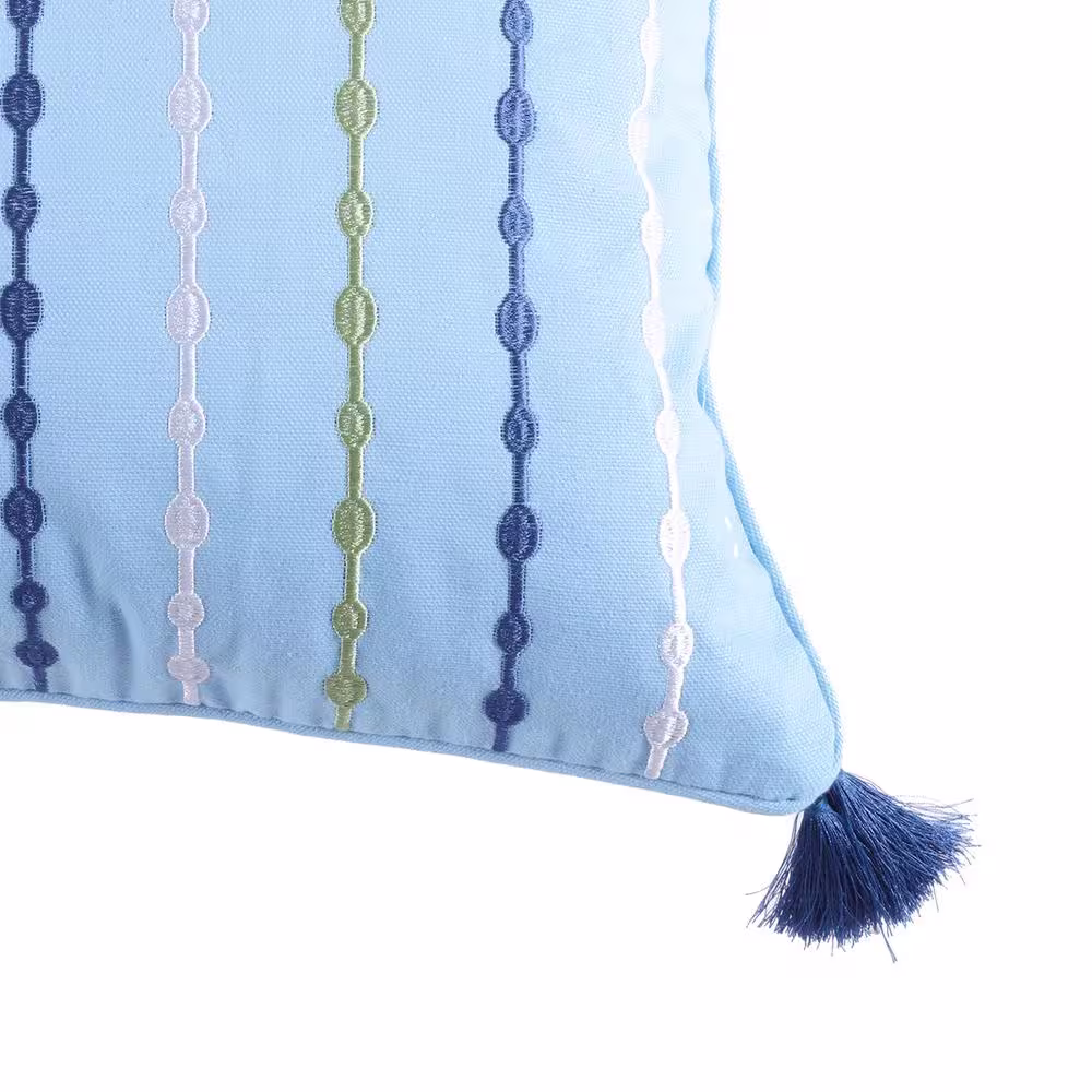 None Catalina Blue, White and Green Embroidered with Tassels 14 in. x 18 in. Throw Pillow