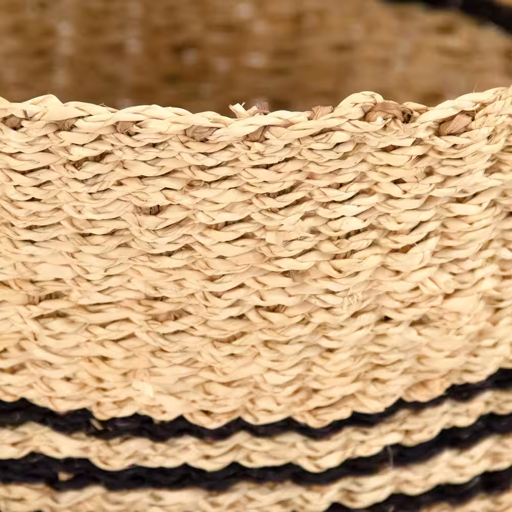 Zentique Hand Woven Wicker Seagrass and Palm Leaf Large Basket with Dark Stripes and Handles