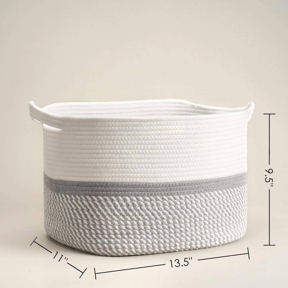 None Square Fabric Cotton Rope Woven Basket with Handles For Books, Magazines, Toys 13.5 in. x 11 in. x 9.5 in.