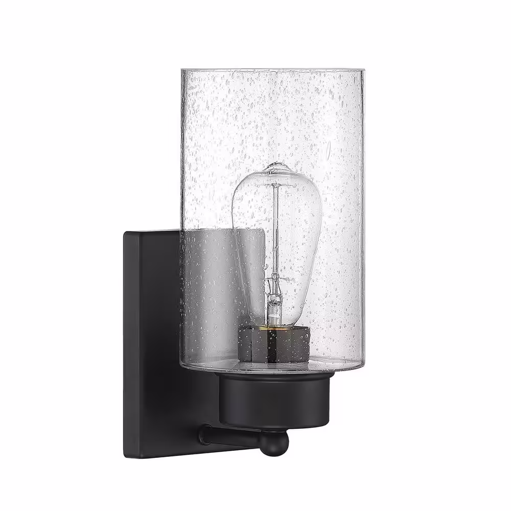 Savoy House Meridian 5 in. W x 10.5 in. H 1-Light Matte Black Wall Sconce with Clear Seeded Glass Shade