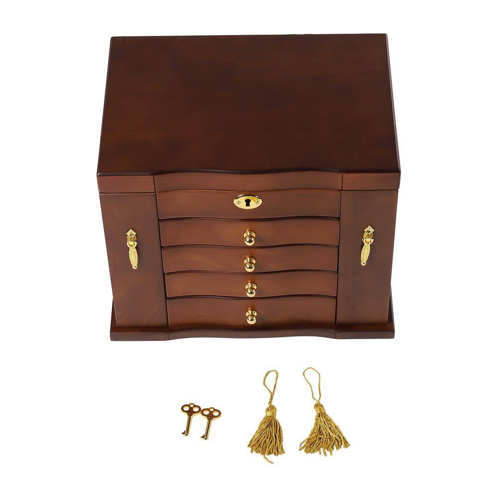 None 5-Tier Vintage Style Rectangular Brown Wooden Jewelry Box with Combo Lock and Mirror