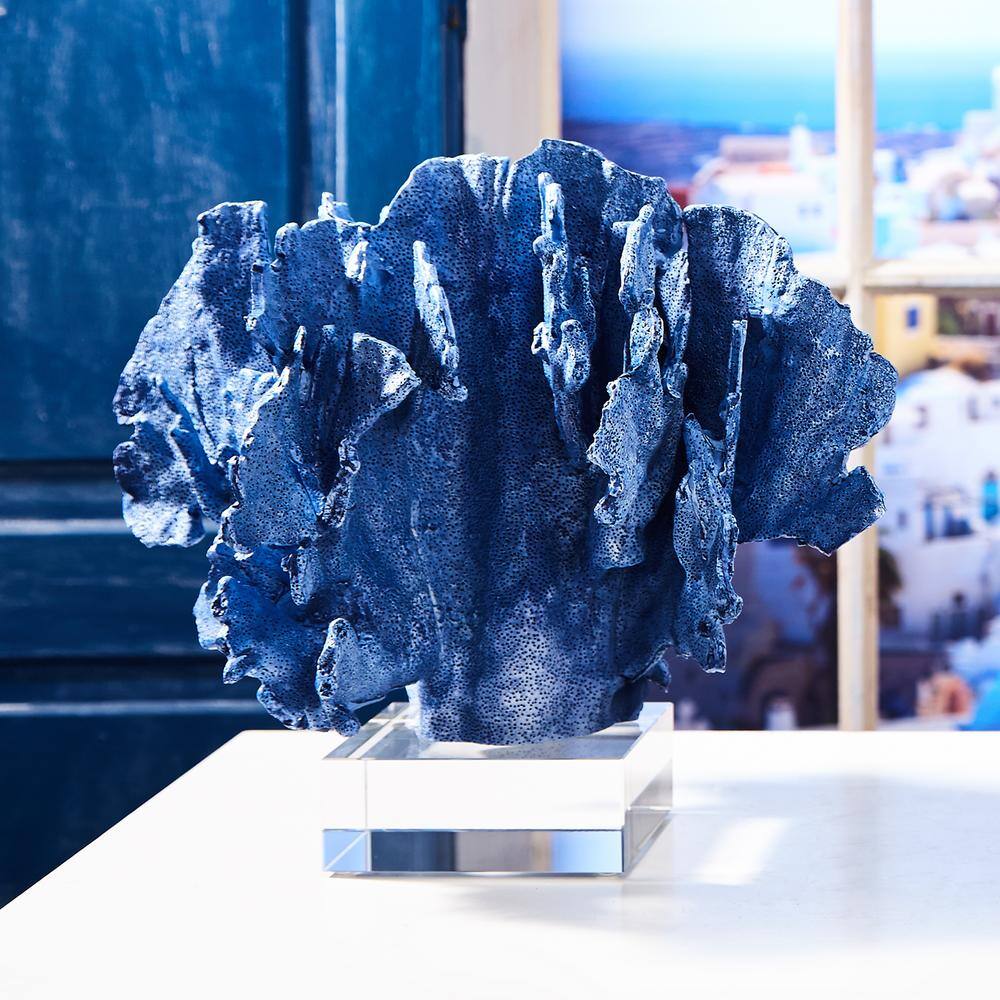 Two's Company Mediterranean Blue Coral Sculpture with Glass Base