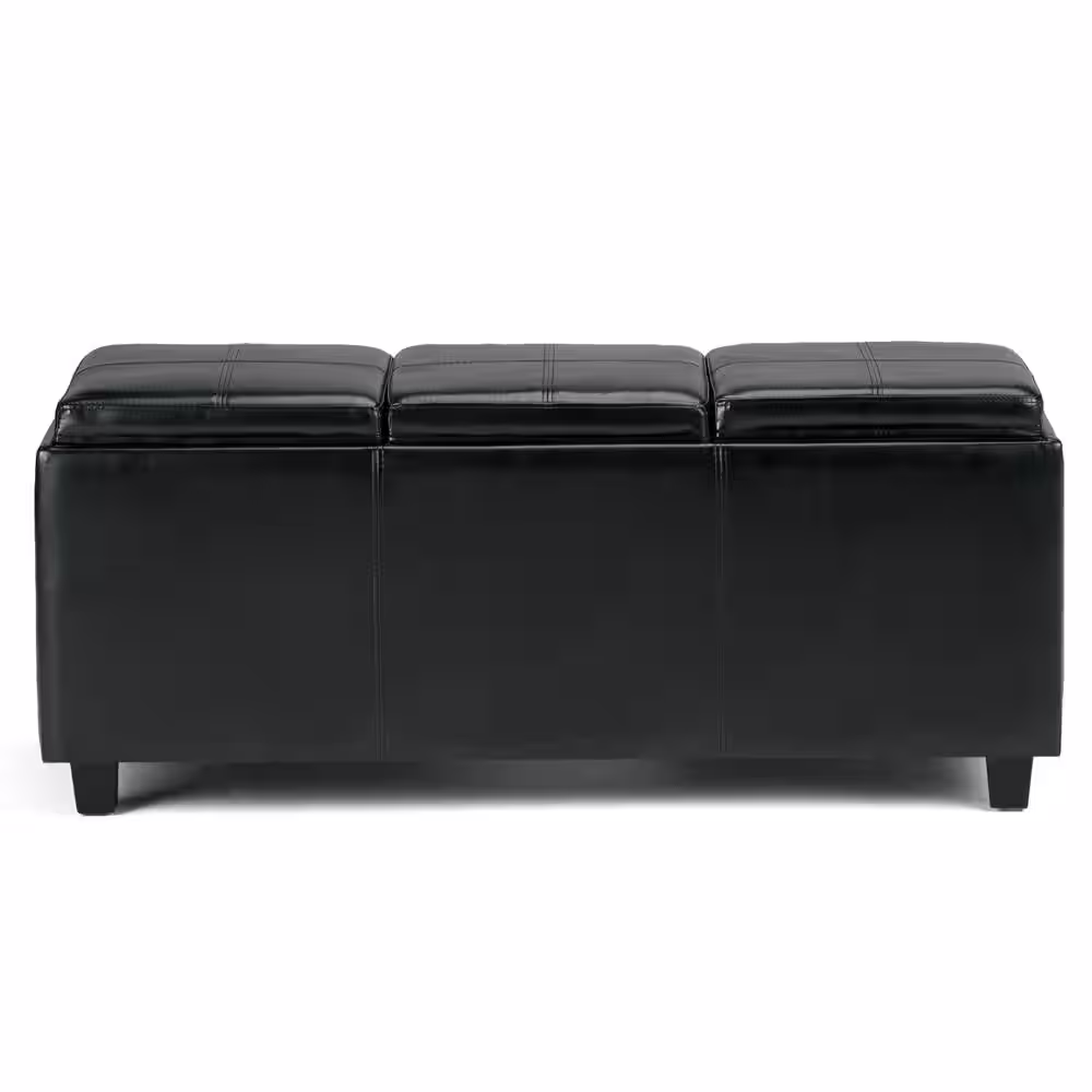 Simpli Home Avalon 42 in. Wide Contemporary Rectangle Storage Ottoman in Midnight Black Vegan Faux LeatherBedroom Bench
