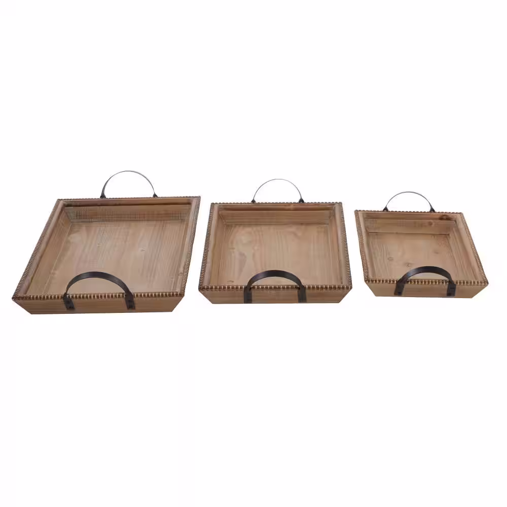 None Brown Wood Decorative Tray with Metal Handles (Set of 3)