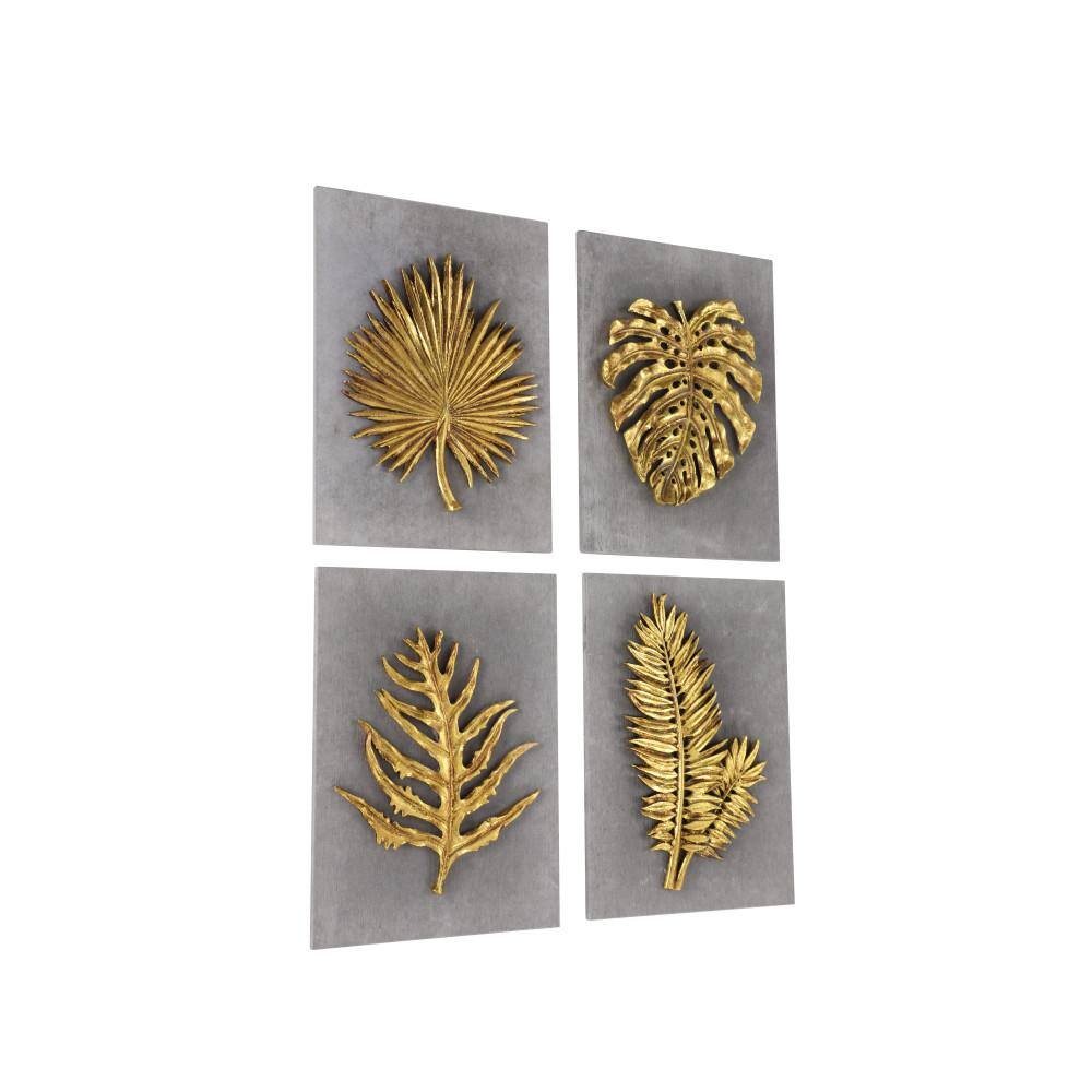 Litton Lane Cement Gold Framed 3D Leaf Wall Decor (Set of 4)