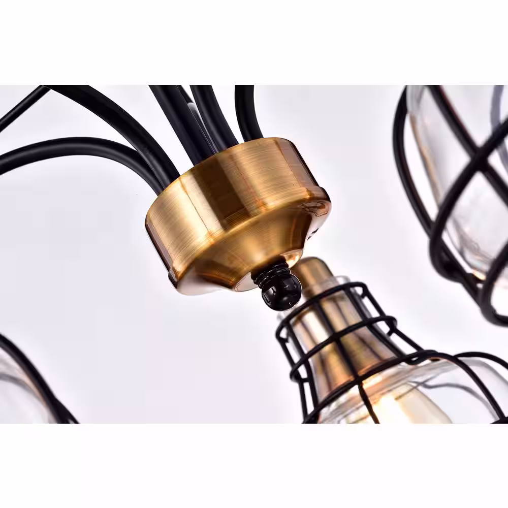 Edvivi Paris 5-Light Black and Antique Gold Industrial Chandelier with Black Cage and Clear Glass Shades