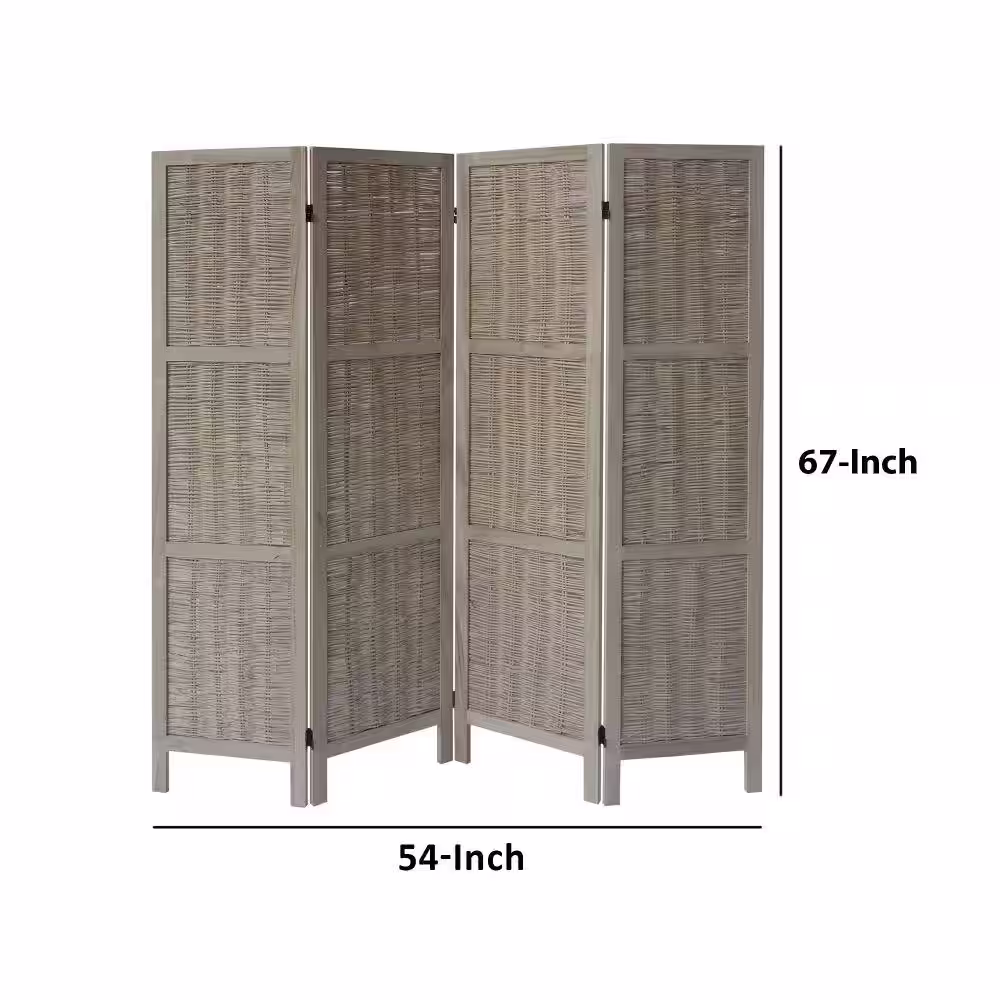 The Urban Port 5.5 ft. Antique White 4-Panel Foldable Wooden Room Divider Privacy Screen with Willow Weaved Design