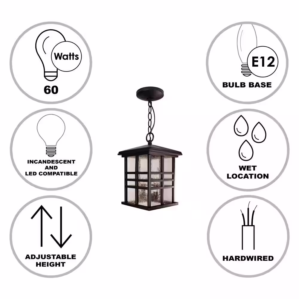 Bel Air Lighting Huntington 2-Light Weathered Bronze Hanging Outdoor Pendant Light Fixture with Seeded Glass