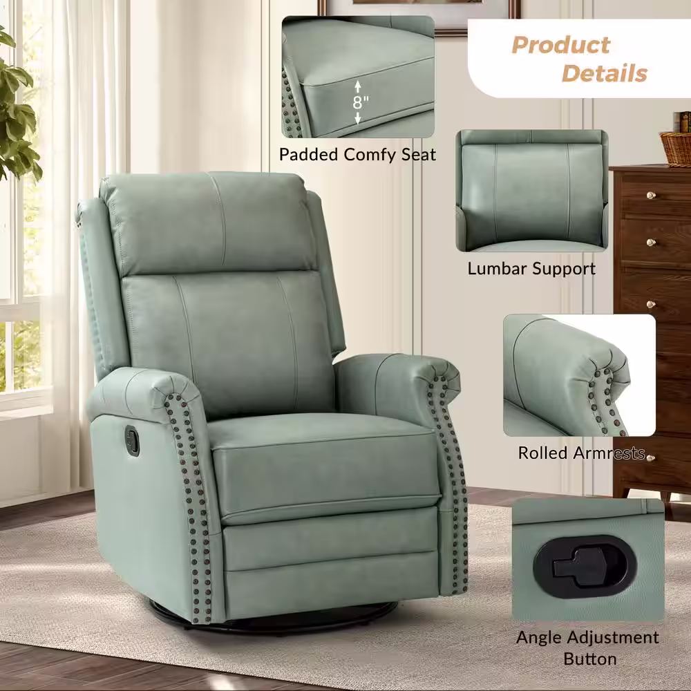 JAYDEN CREATION Sonia Transitional Sage 30.5'' Wide Genuine Leather 5-Position Manual Rocking Recliner with Metal Base and Rolled Arms