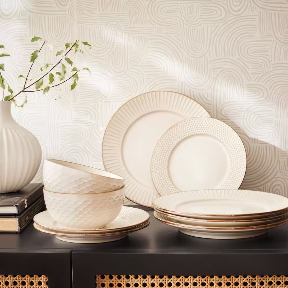 Tabletops Gallery 12-Piece Monroe Ivory Stoneware Dinnerware Set (Service for 4)