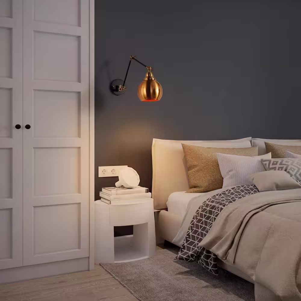 Zevni Plug-In/Hardwire Swing Arm Wall Light, 1-Light Modern Polished Brass Wall Sconce, Industrial Black Wall Sconce Lighting