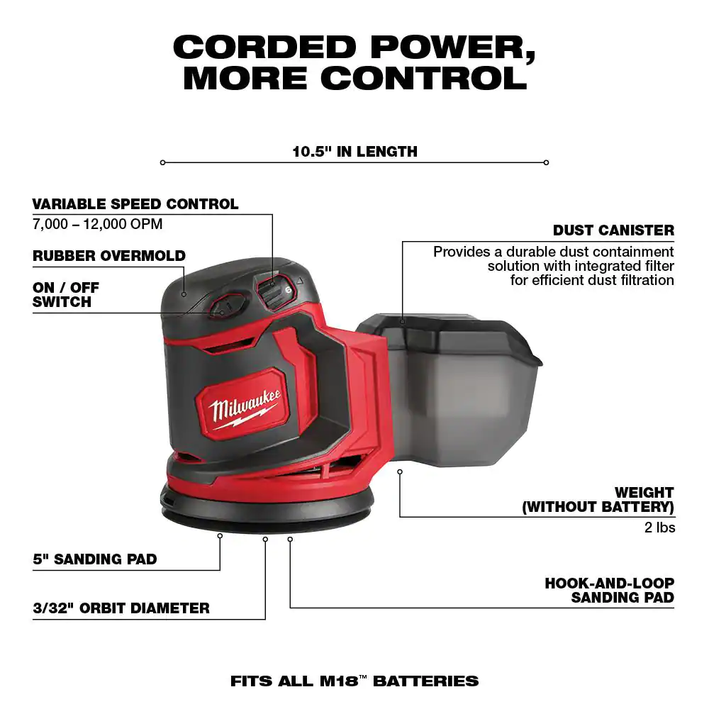 Milwaukee M18 18V Lithium-Ion Cordless 5 in. Random Orbit Sander (Tool-Only)