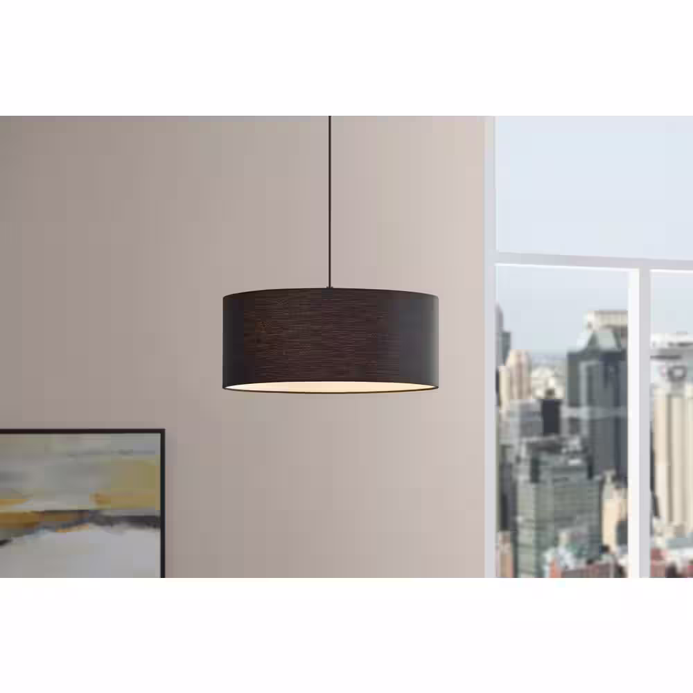 Hampton Bay Paskay 18 in. 3-Light Black Drum Pendant Light Fixture with Fabric Shade