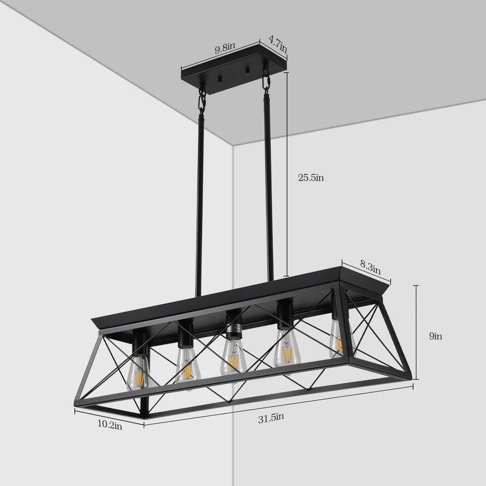 None 31.5 in. W 5-Light Matte Black Island Pendant Light with Trapezoidal Iron Shade