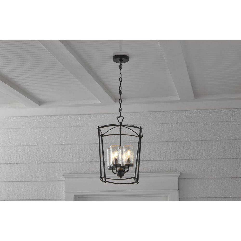Home Decorators Collection Tercero 4-Light Matte Black Outdoor Foyer Pendant Light with Textured Glass Shades
