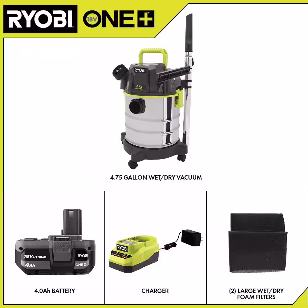 RYOBI ONE+ 18V Cordless 4.75 Gal. Wet/Dry Vacuum Kit with 4.0 Ah Battery, Charger, and Foam Filters (2-Pack)