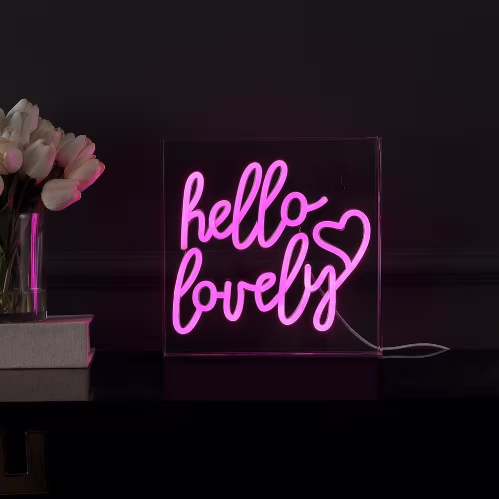 JONATHAN Y Hello Lovely 10 in. Square Contemporary Glam Acrylic Box USB Operated LED Neon Night Light, Pink