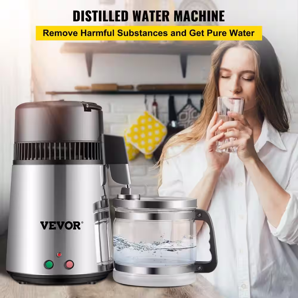 VEVOR Water Distiller 1.1 Gal. Distilled Water Maker 750 Watt Dual-Button Distilled Water Machine with Glass Container, Sliver
